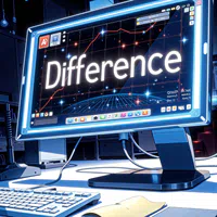 a computer monitor displays the word difference its screen with a keyboard and mouse on the desk in front of it in a dimly lit room with a blue hue surrounded by various electronic devices