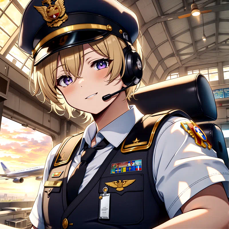 Flux1_heunpp2_ Anime-style drawing of a female pilot with blonde hair and purple eyes wearing a blue cap with a gold emblem a black vest with gold epaulettes and a white shirt with a black tie She has.png (1600×1600)