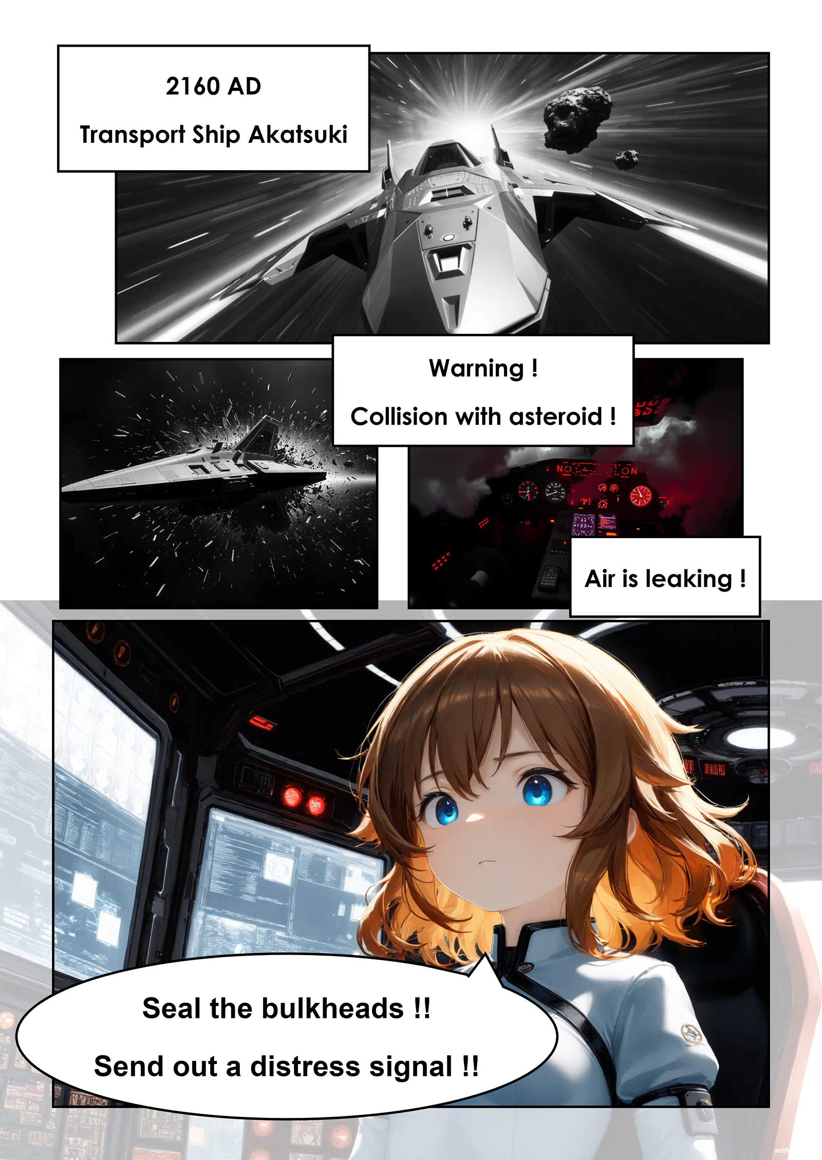 Four-frame manga of a spaceship colliding with an asteroid and leaking air English.png (1133×1600)