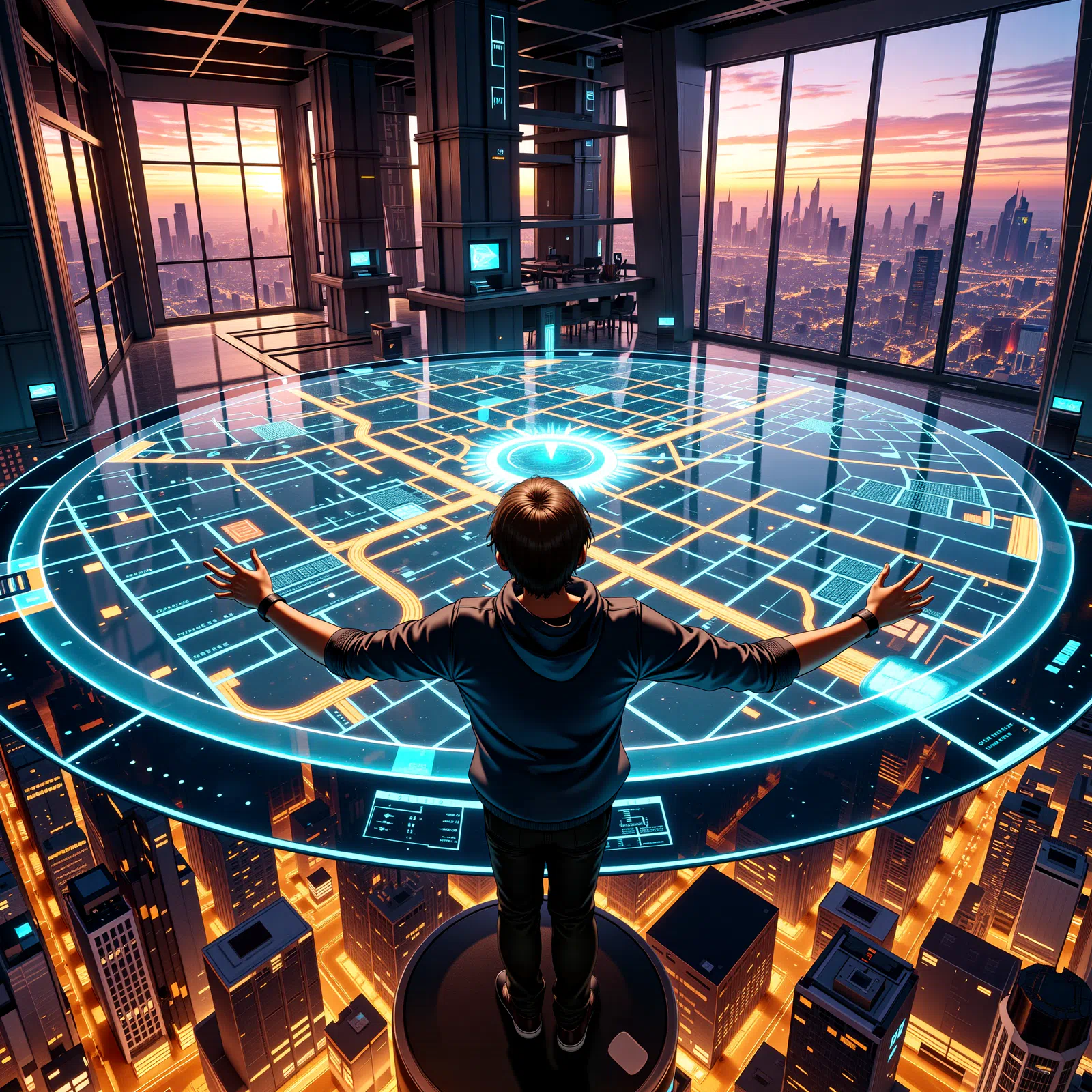 a person stands on a circular platform in a high - rise building surrounded by a futuristic cityscape at sunset or sunrise with a holographic display of a map or circuit board in the center