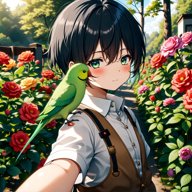 Anime-style digital art of a young girl with short black hair and green eyes wearing a white school uniform with a brown vest and a white shirt standing in a garden with lovelt parrot