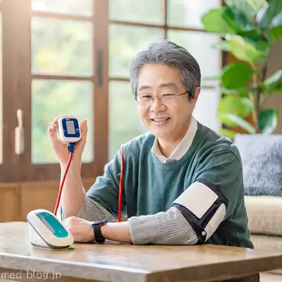 日本人の中年男性が自宅の居間でくつろぎながら笑顔で自動血圧計で血圧を測っている写真.jpg (1280×1280)