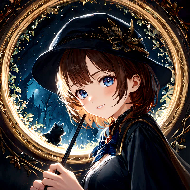 SDXL_Detailer_ an animated female character with short brown hair and blue eyes wears a black hat with golden leaves and a blue ribbon. she holds a wand and stands before a circular window revealing a.png (1600×1600)