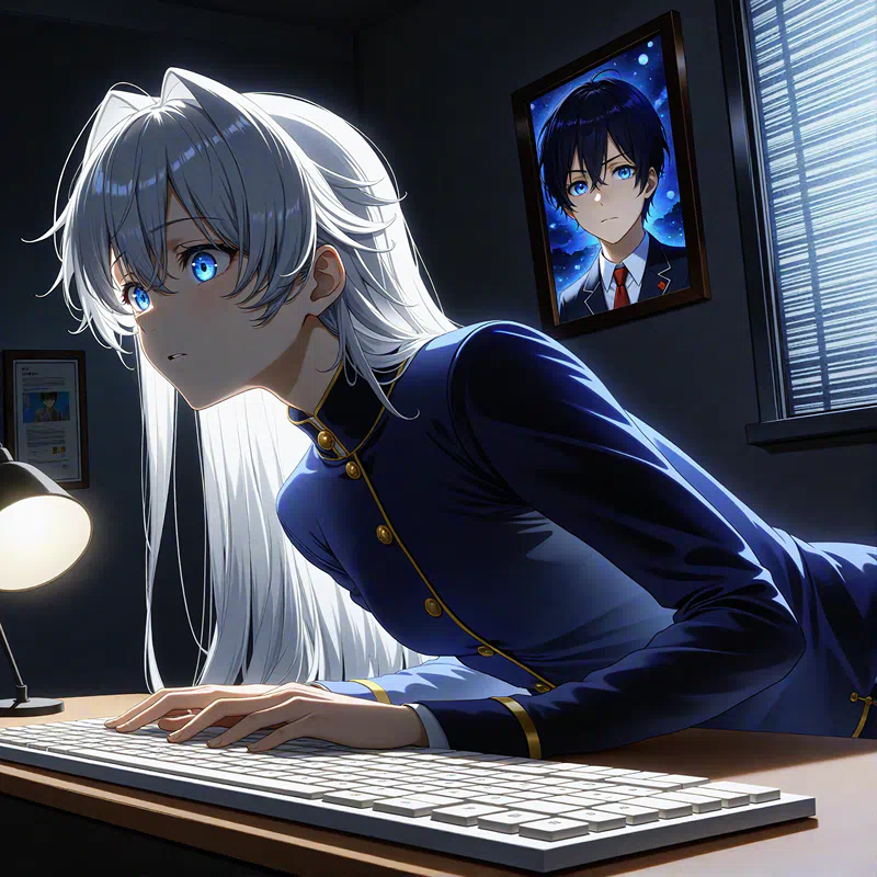 Illustration of a woman with white hair leaning against a desk in a darkened room at night, operating a keyboard.png (1600×1600)