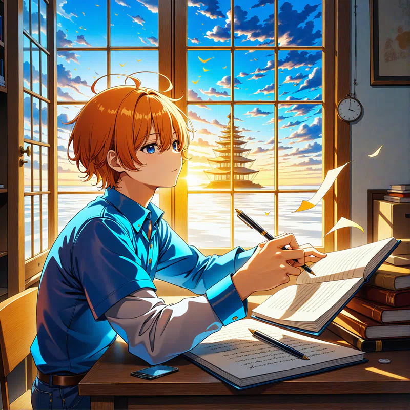 Illustration of a boy with orange hair wearing blue clothes studying at a desk writing in a notebook with a pen.png (1600×1600)