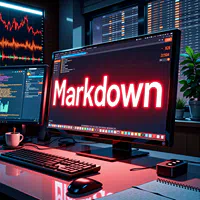 a computer screen with the word markdown on it and a red arrow pointing down to the screen