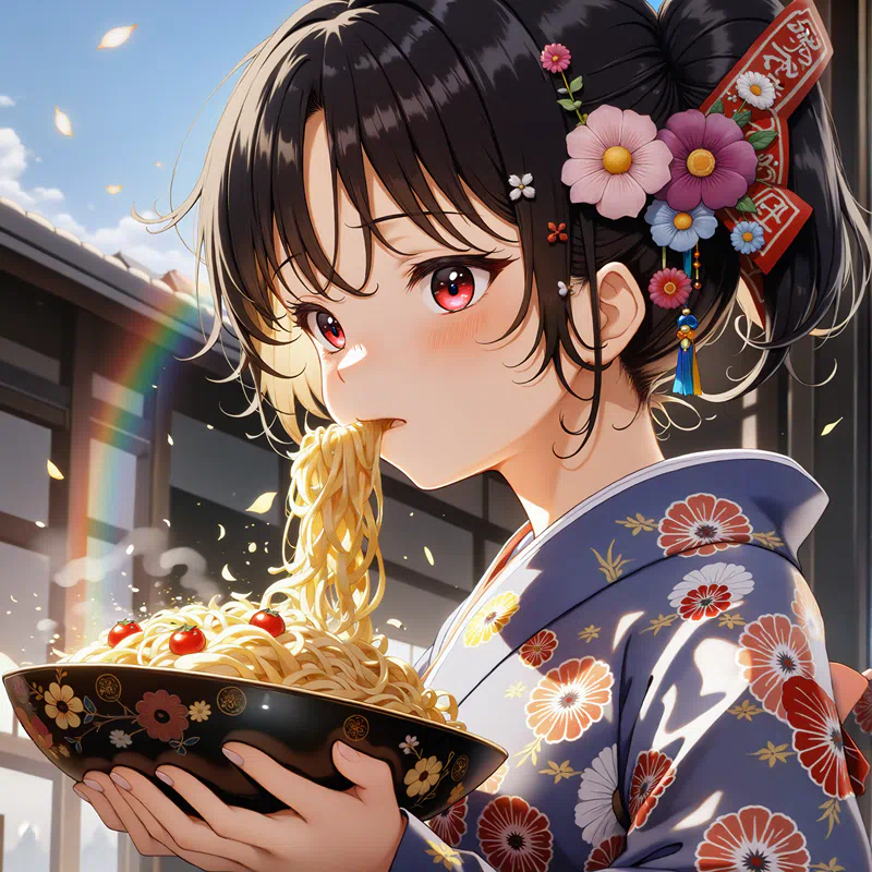 Colorful anime illustration of a woman in kimono eating soba noodles and splattering them in a grand manner 30 Flux.png (1600×1600)