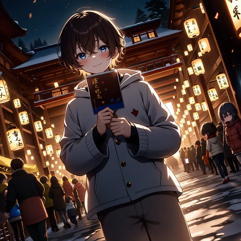 Anime illustration of a boy with black hair and blue eyes standing on a lighted street looking at us in front of the torii gate of a shrine