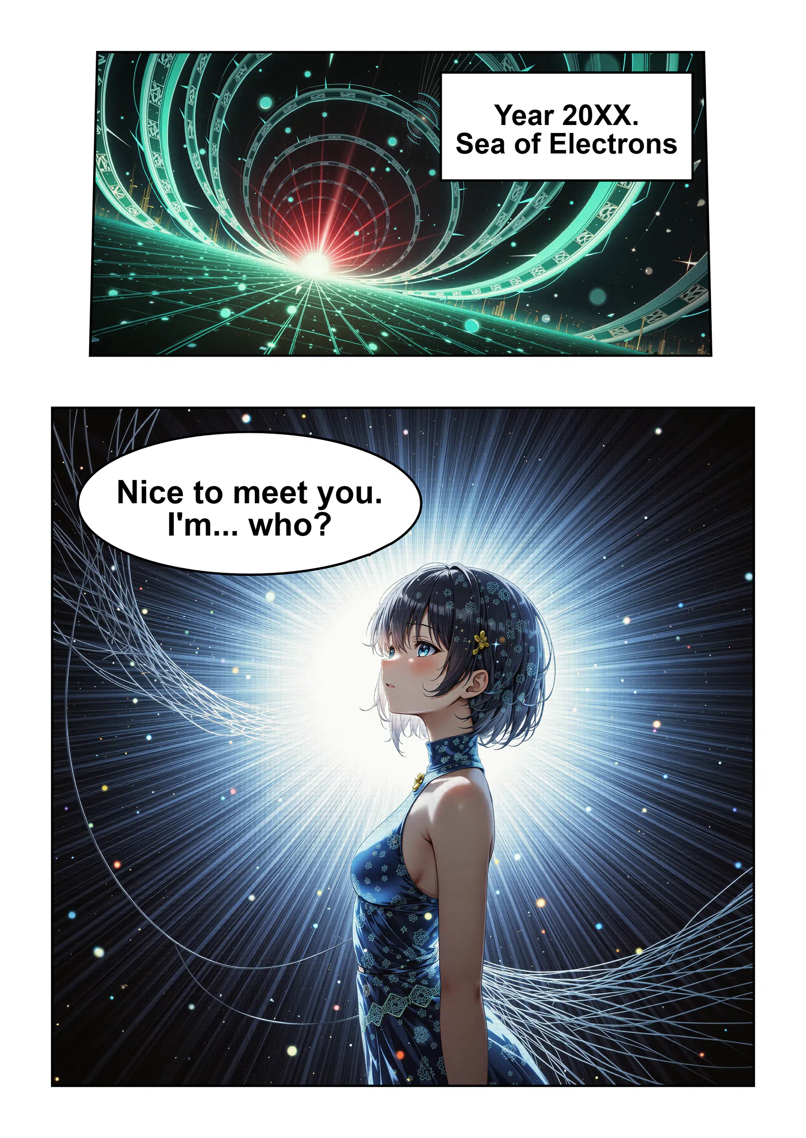 A two-frame Manga depicting the moment when AI awakens its ego in a sea of electrons in the near future English.png (1133×1600)