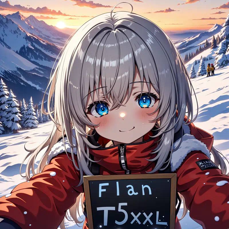 Anime illustration of a girl with white hair and blue eyes wearing an orange ski outfit with a blackboard with “Flan T5xxl” written on her chest looking at us with a smile on a ski slope.png (1600×1600)