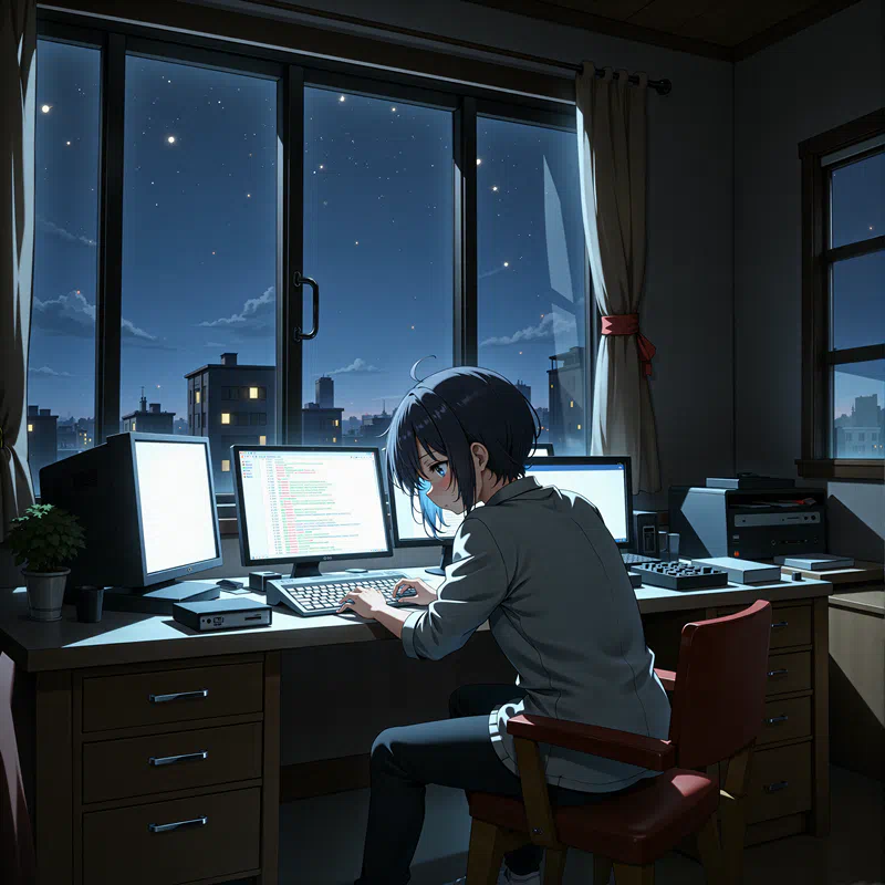 A woman working on her computer in her room at night